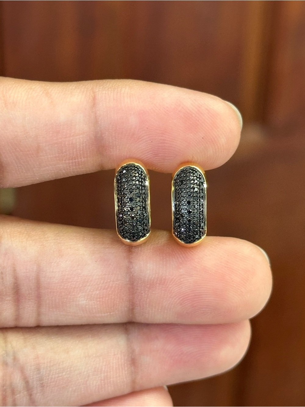 Chunky Black Diamond Pave Huggie Hoop Earrings in Sterling Silver